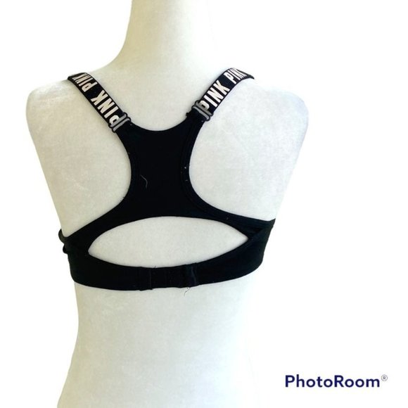 VS PINK ULTIMATE Push Up Sports Bra Sz Medium A-C Cup Black w Logos Racerback - Picture 3 of 12
